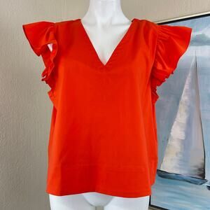 Marc New York Blouse Short ruffle Sleeve v neck Tigerlily Orange Size Large